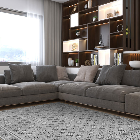 Grey bokhara rug for living room.