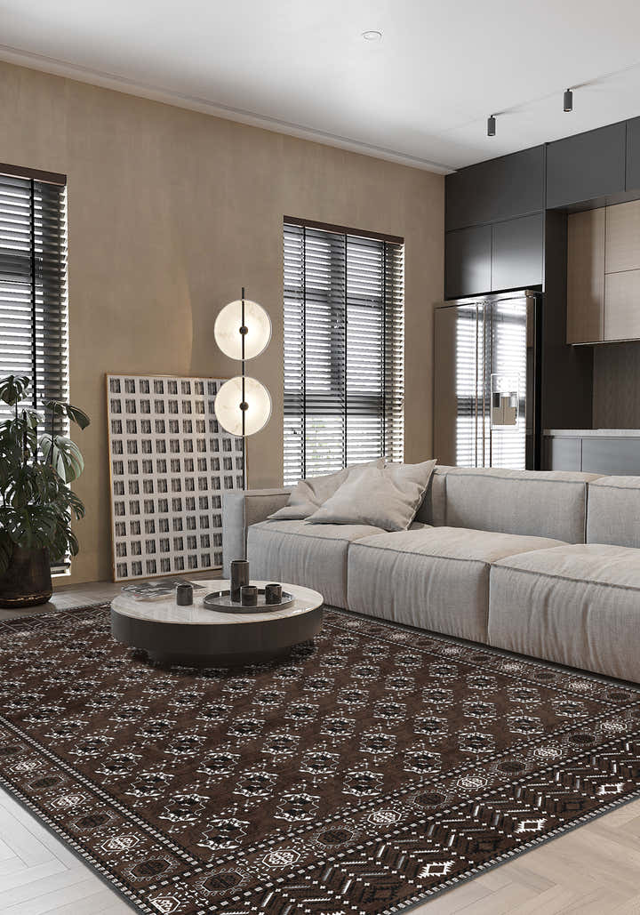 Brown bokhara rug for living room.