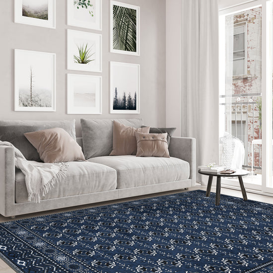 Blue Bokhara rug for living room.