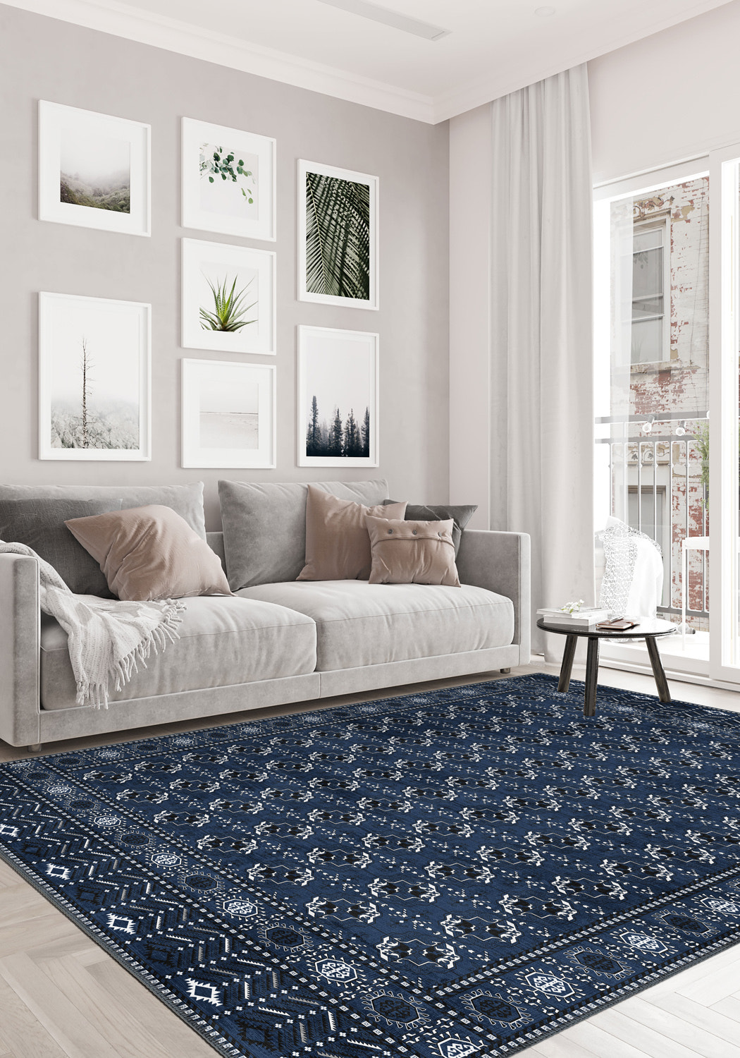 Blue Bokhara rug for living room.