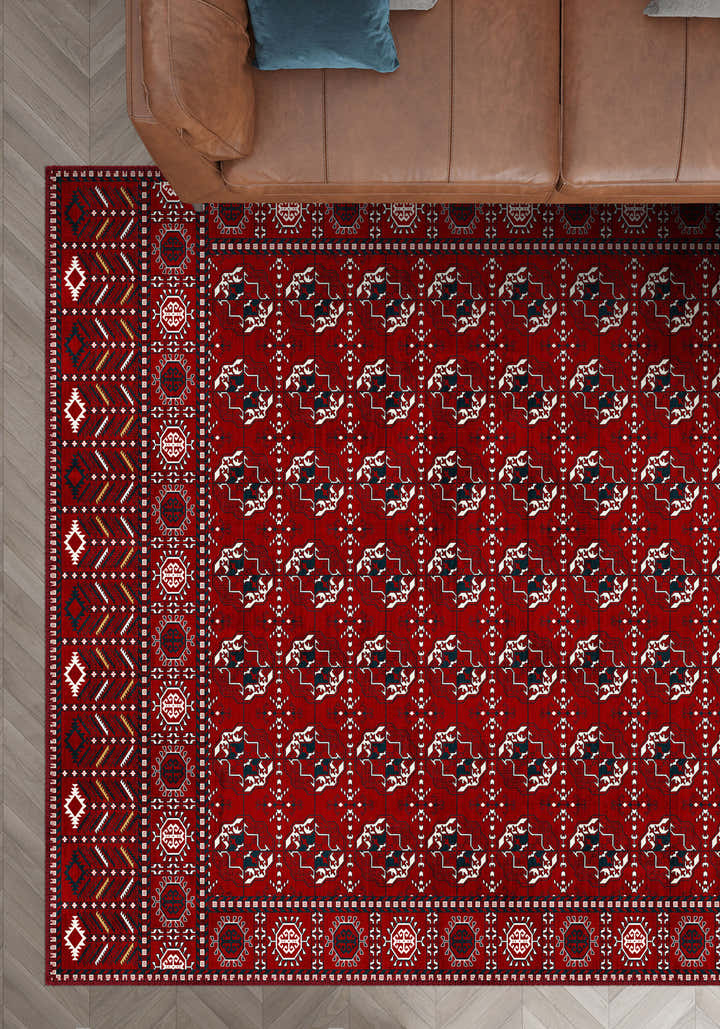 Red bokhara rug for living room.