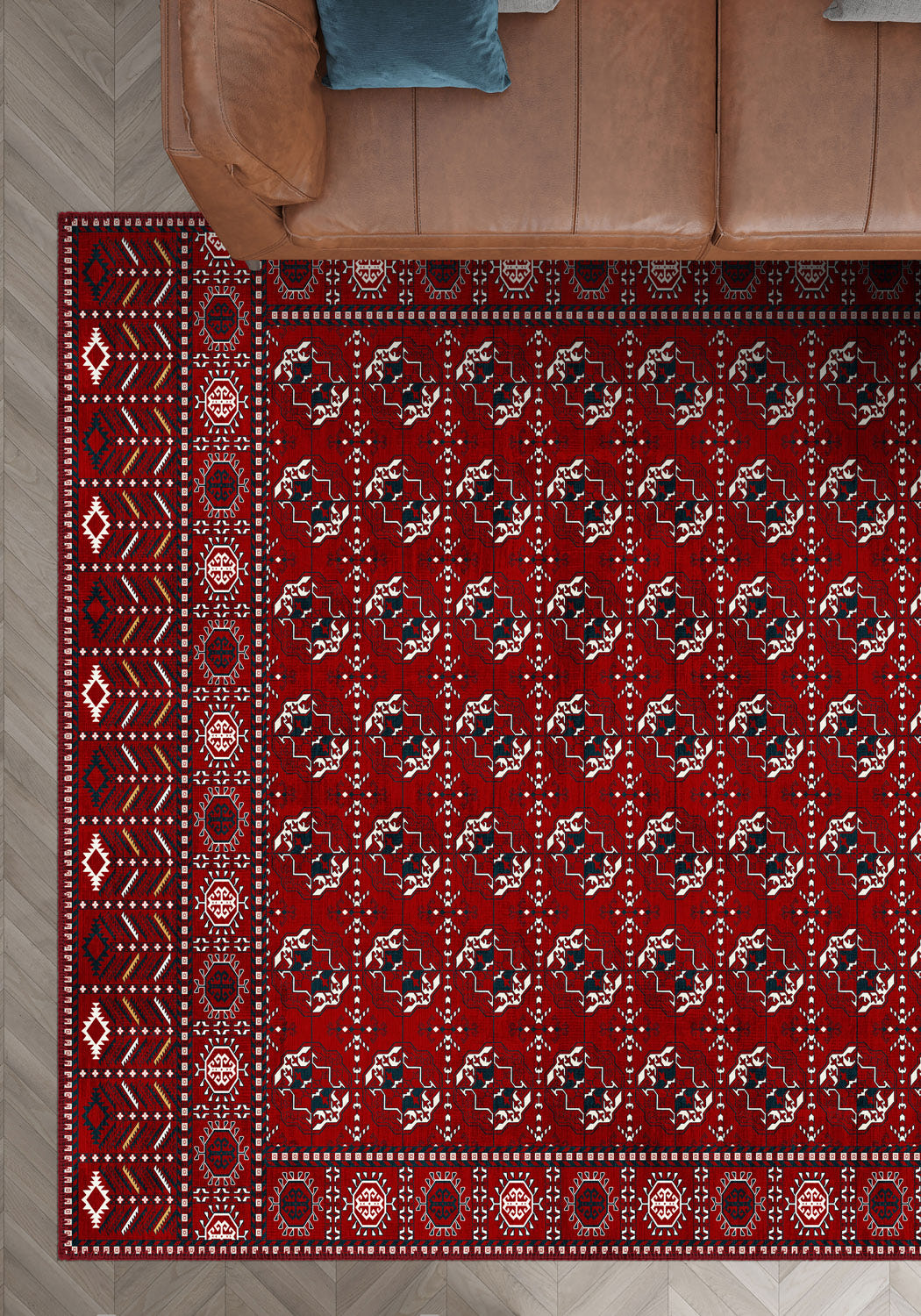 Red bokhara rug for living room.