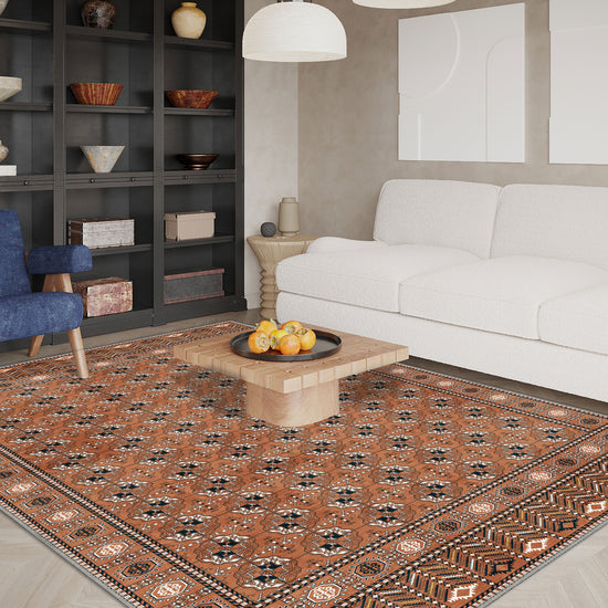 Orange bokhara rug for living room.