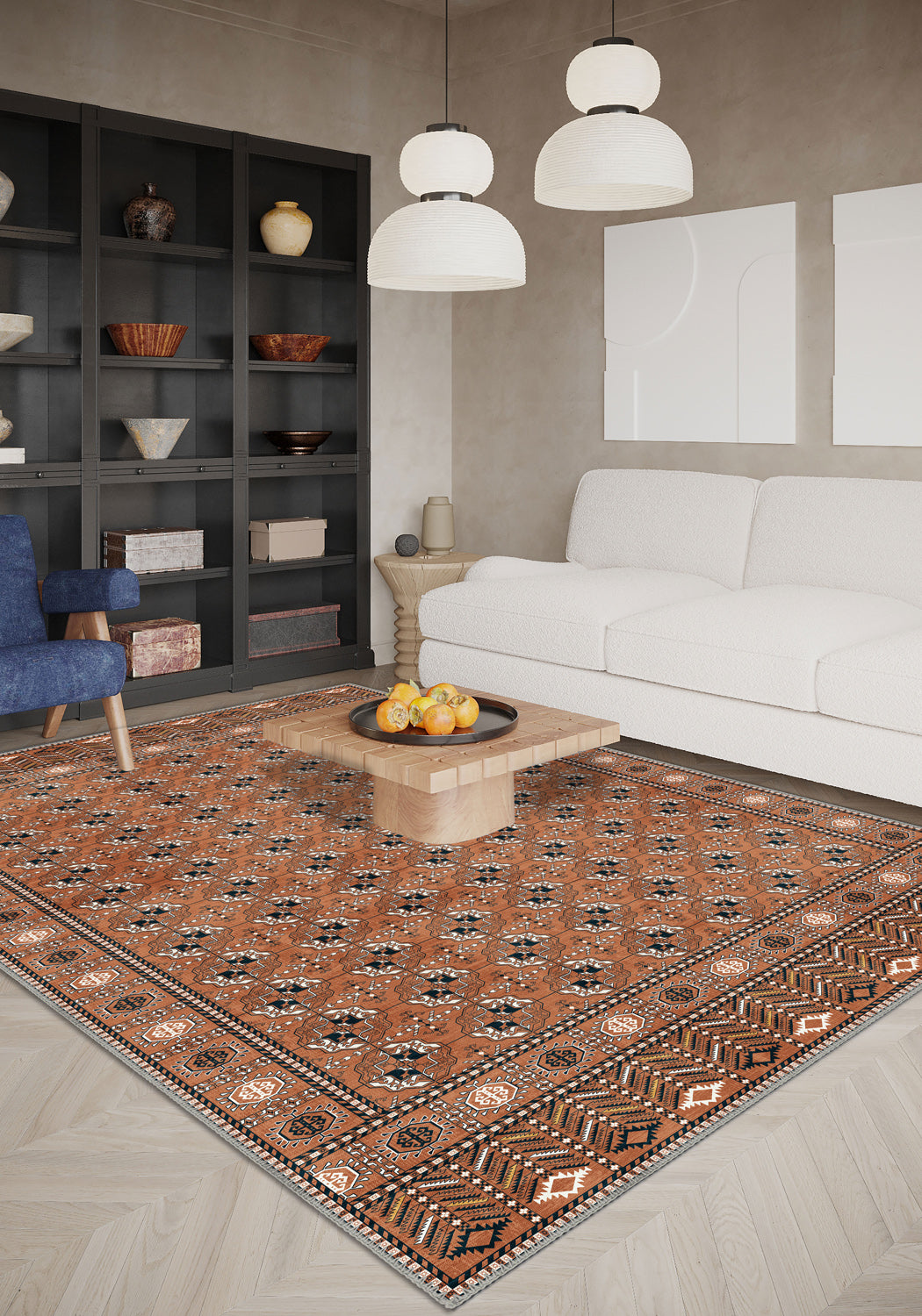 Orange bokhara rug for living room.