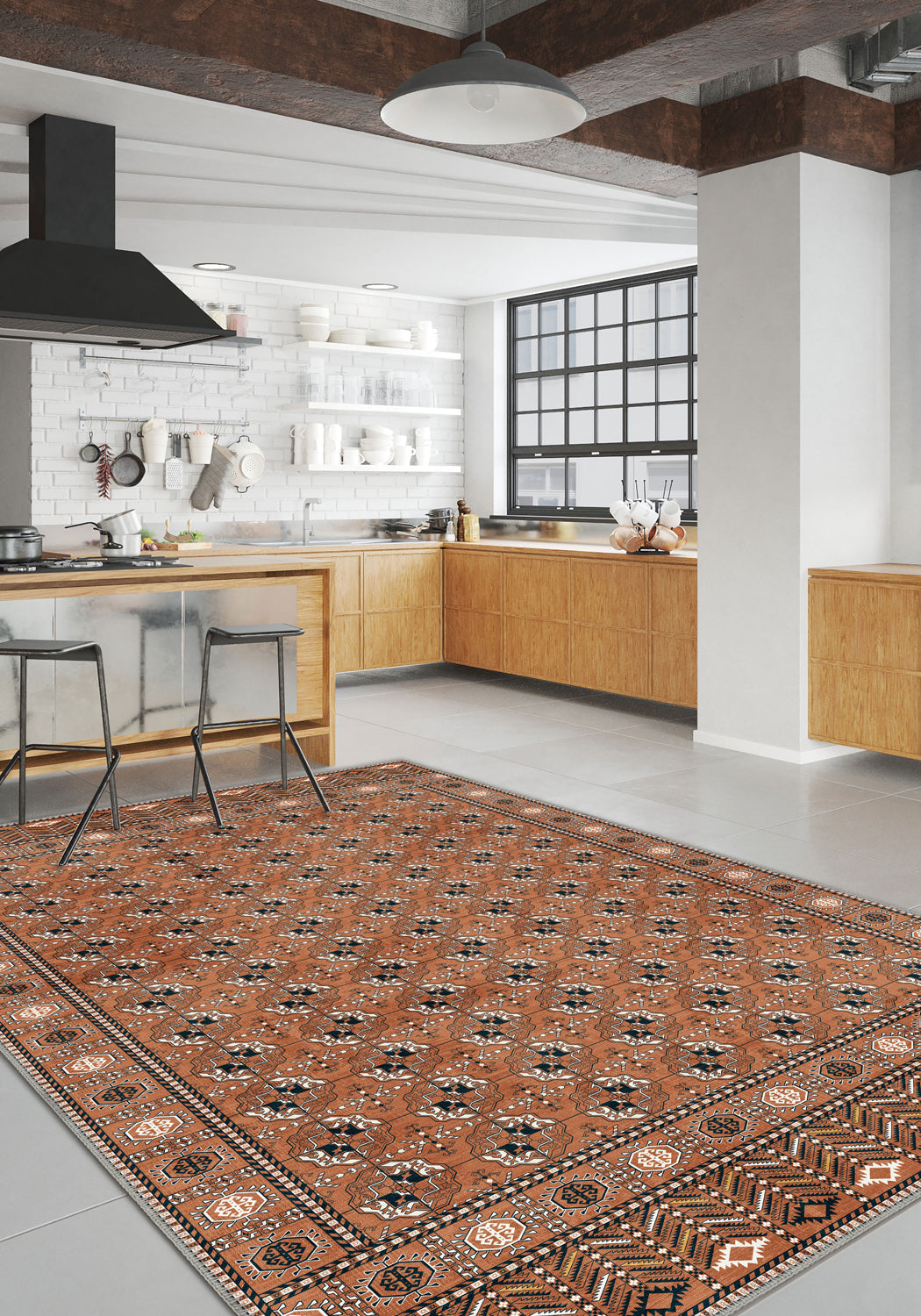 Orange vintage rug for living room.