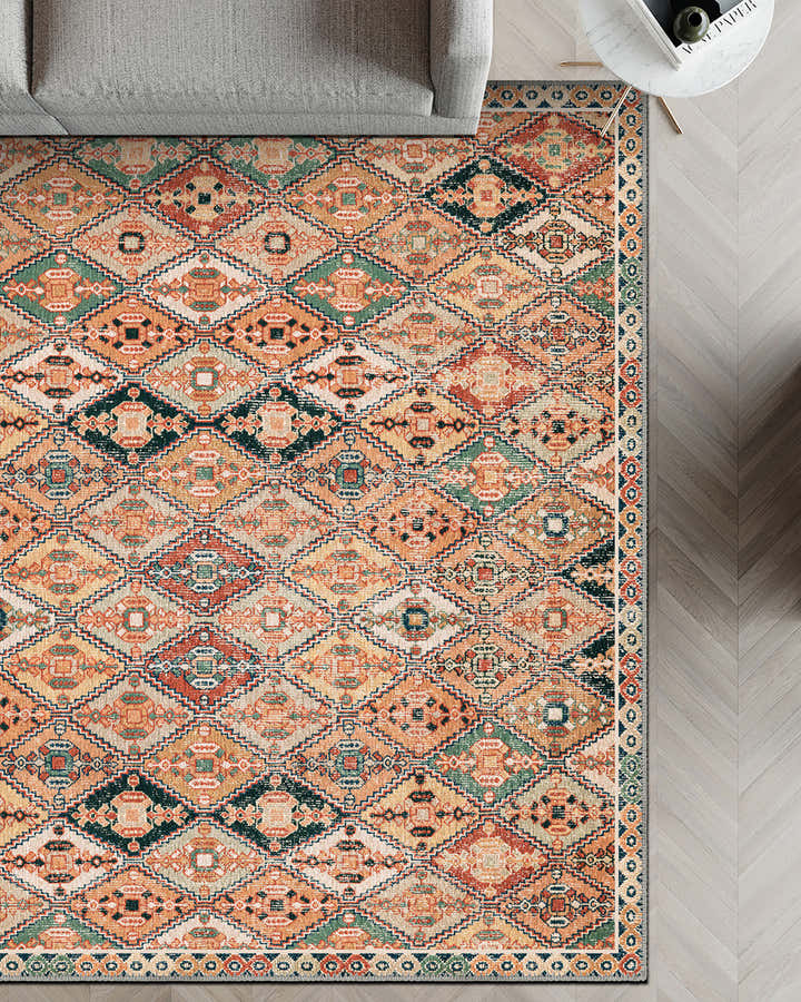 Orange vintage rug for living room.
