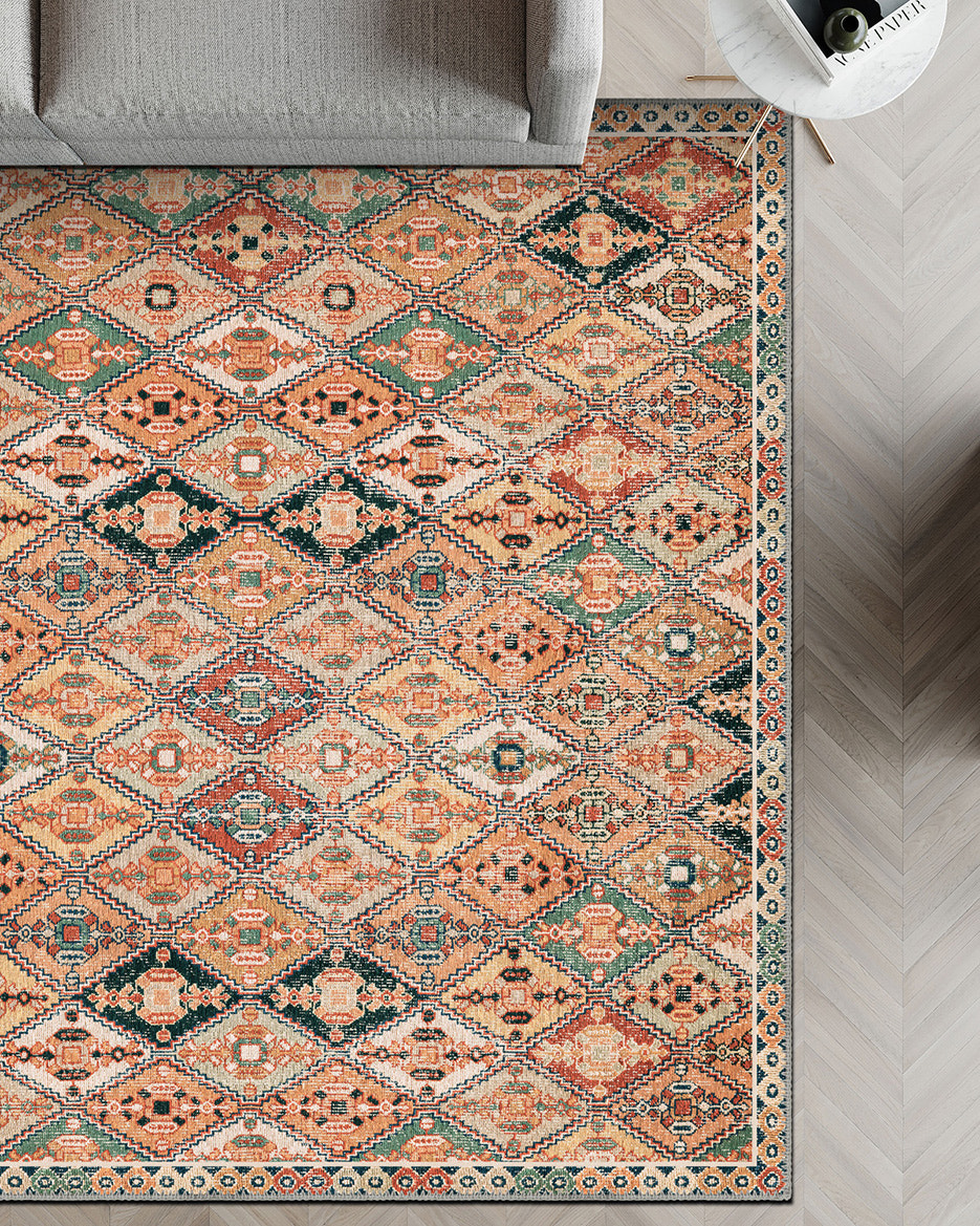 Orange vintage rug for living room.
