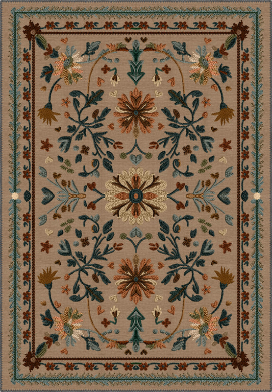 Brown Anatolian rug with floral motifs.
