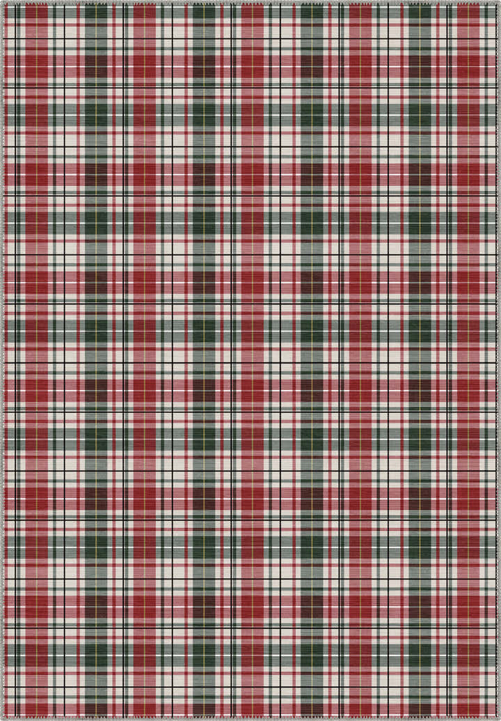 Tartan rug with red, green, and white colors.