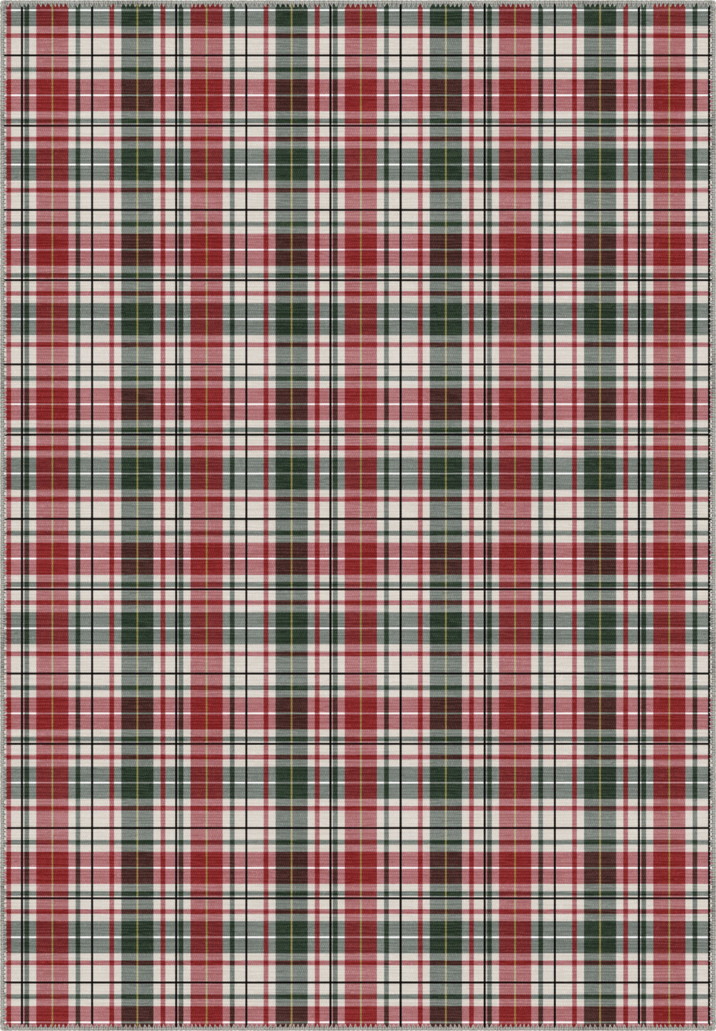 Tartan rug with red, green, and white colors.