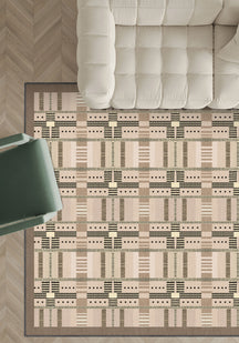 Beige geometric rug on a wooden floor