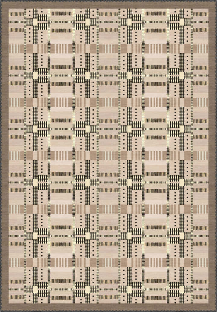 Geometric rug with beige tartan pattern.