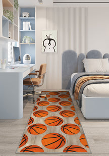 Room interior with a rug featuring basketball pattern, desk, and chair.