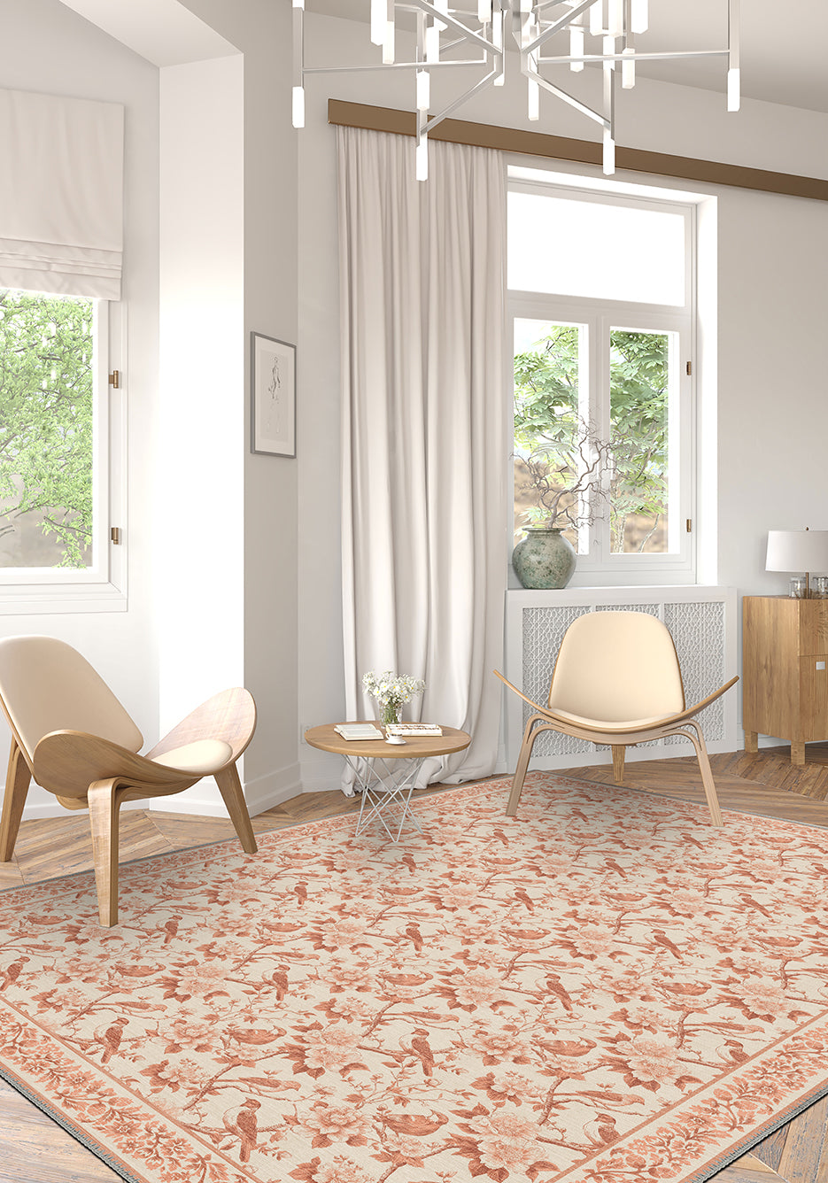 Modern living room with patterned rug, chairs, and large windows.