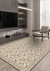 Living room with a patterned rug, TV, and chair.