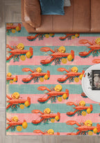 Rug with lobster and lemon pattern on a wooden floor