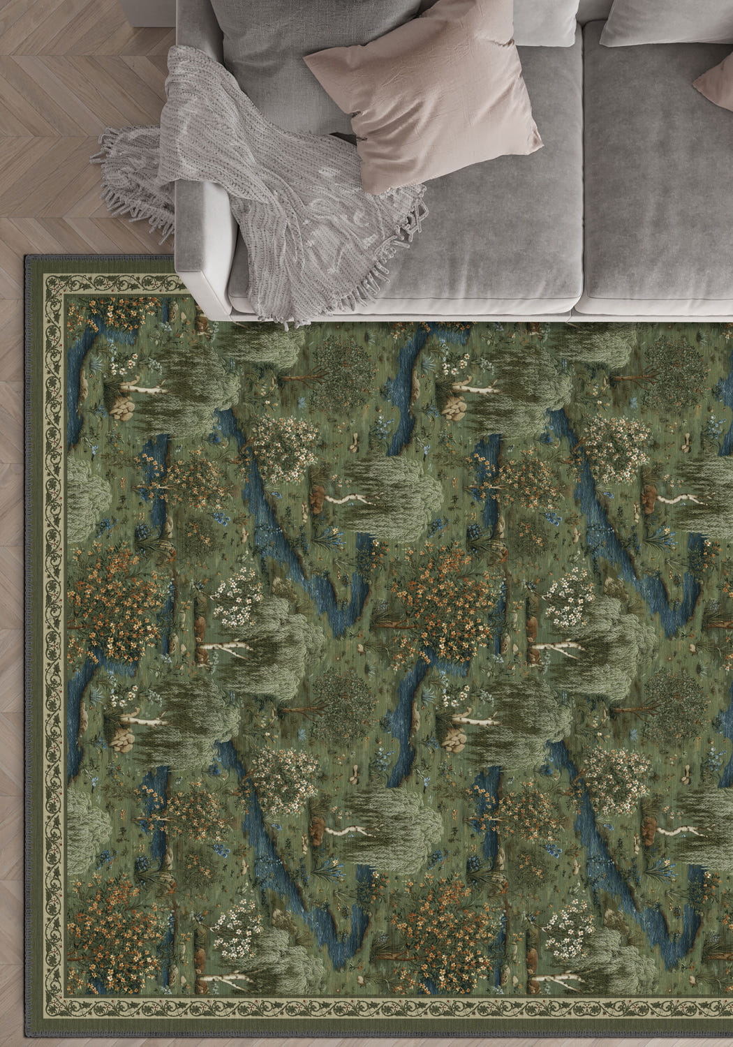 Decorative rug with nature-themed design on a wooden floor