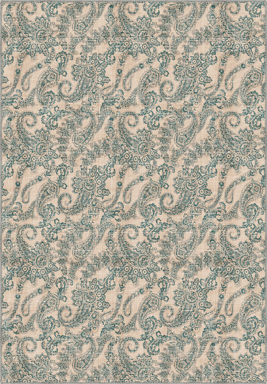Cream teal paisley rug for living room.