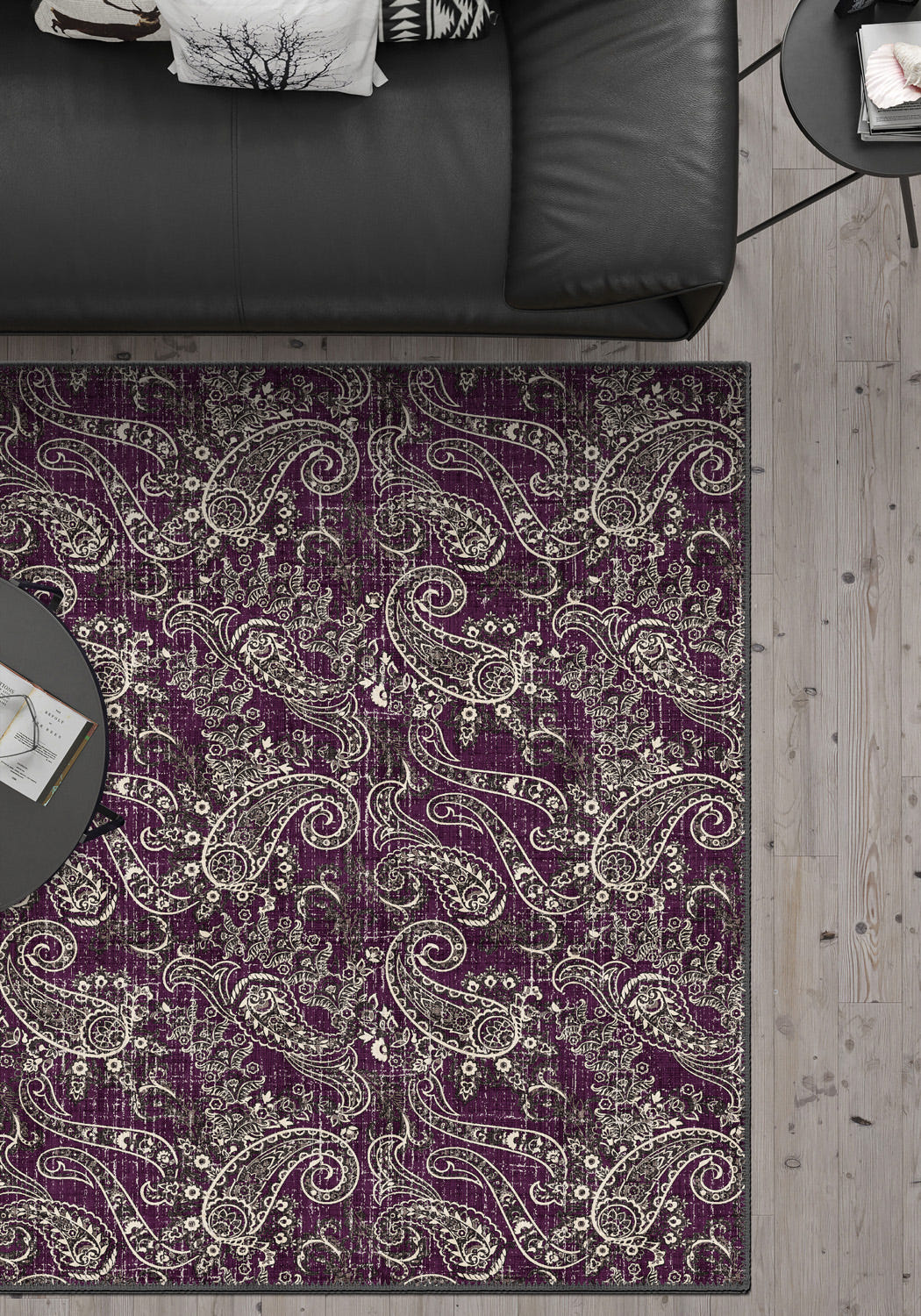 Purple paisley rug with brown details.