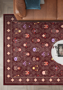 Burgundy folk rug for living room.