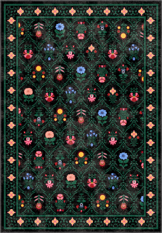 Kilim rug with floral patterns on a dark green and black background
