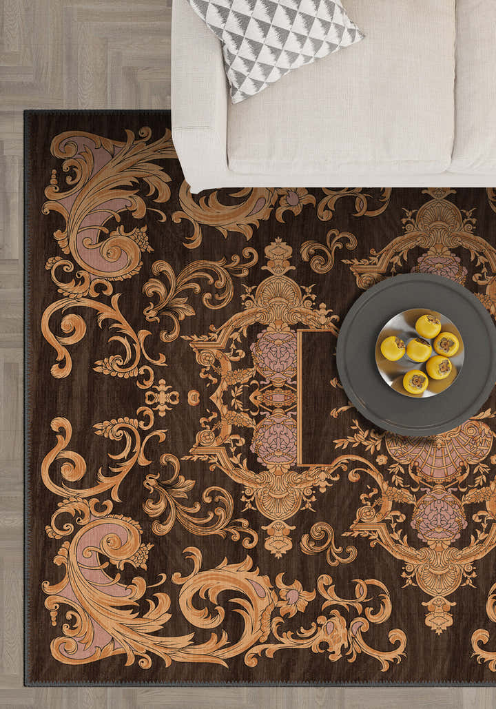Brown baroque rug for living room.