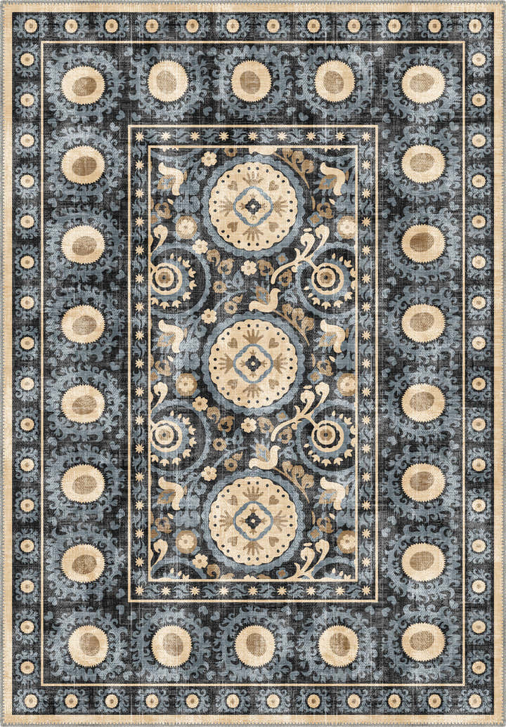 Blue ethnic rug for living room.