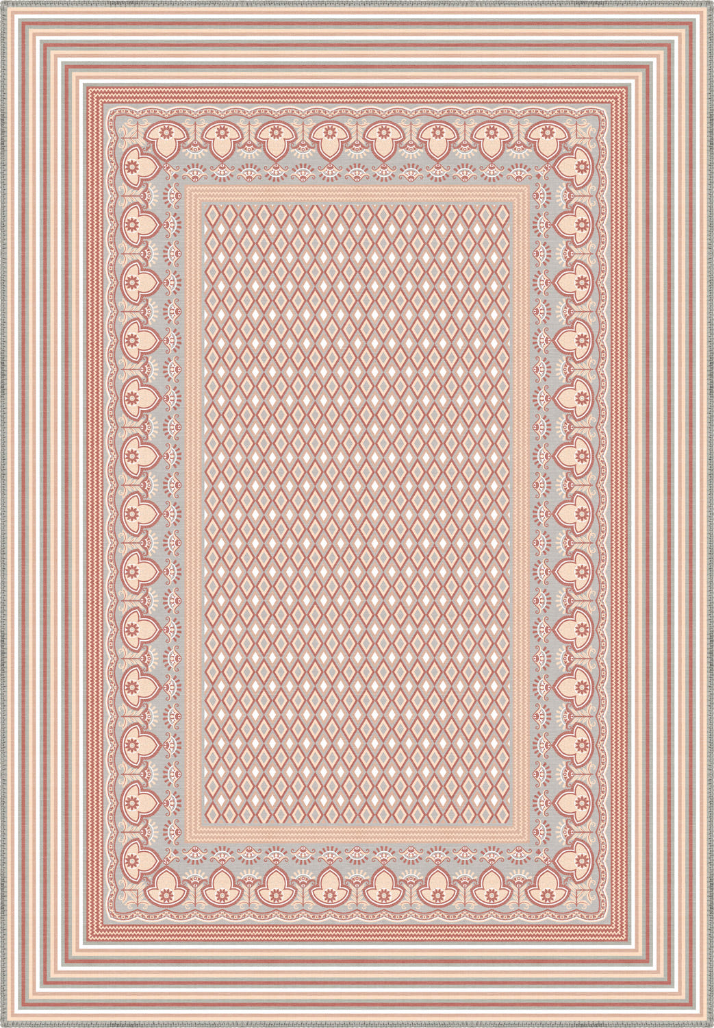 Geometric pink rug for nursery.