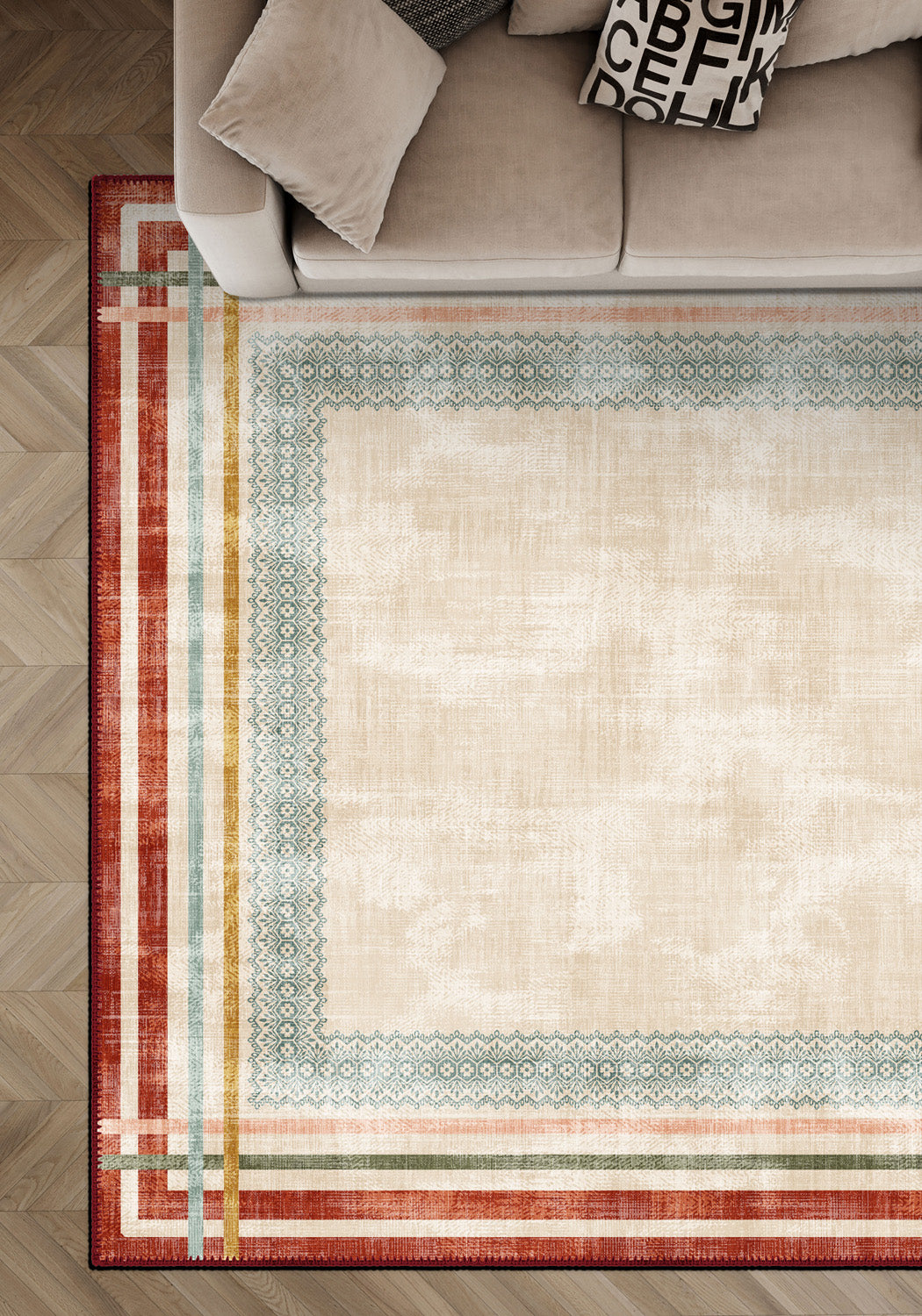 Cream geometric rug for living room.