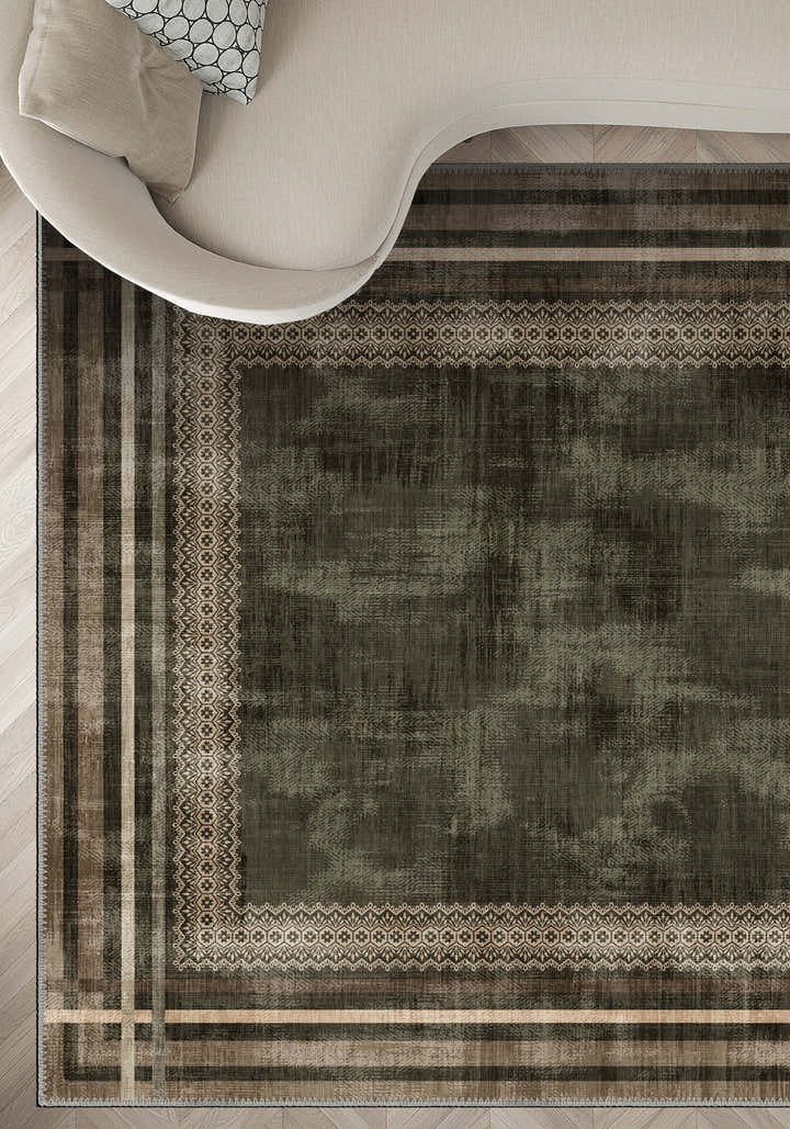 Distressed brown rug for living room.