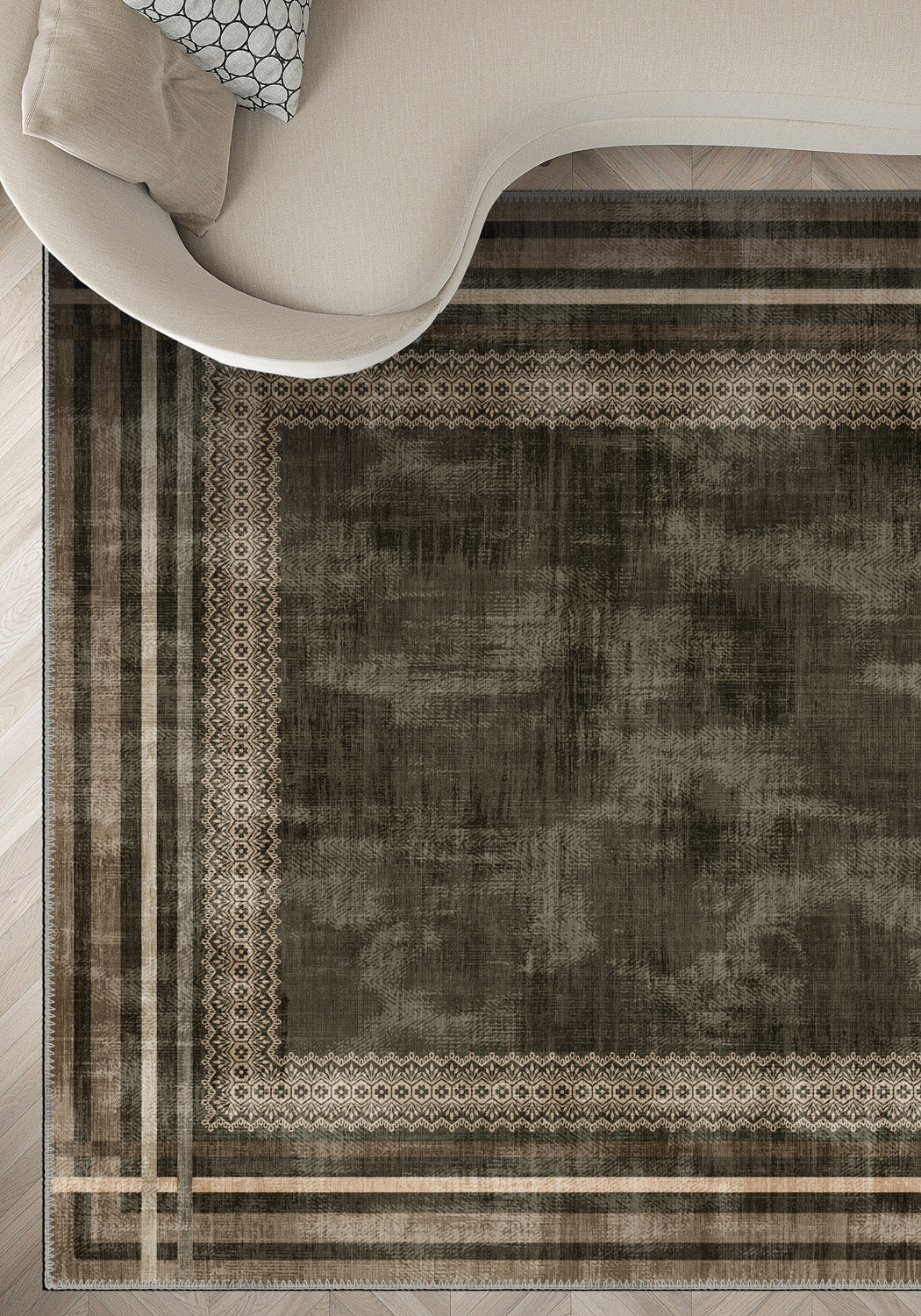 Distressed brown rug for living room.