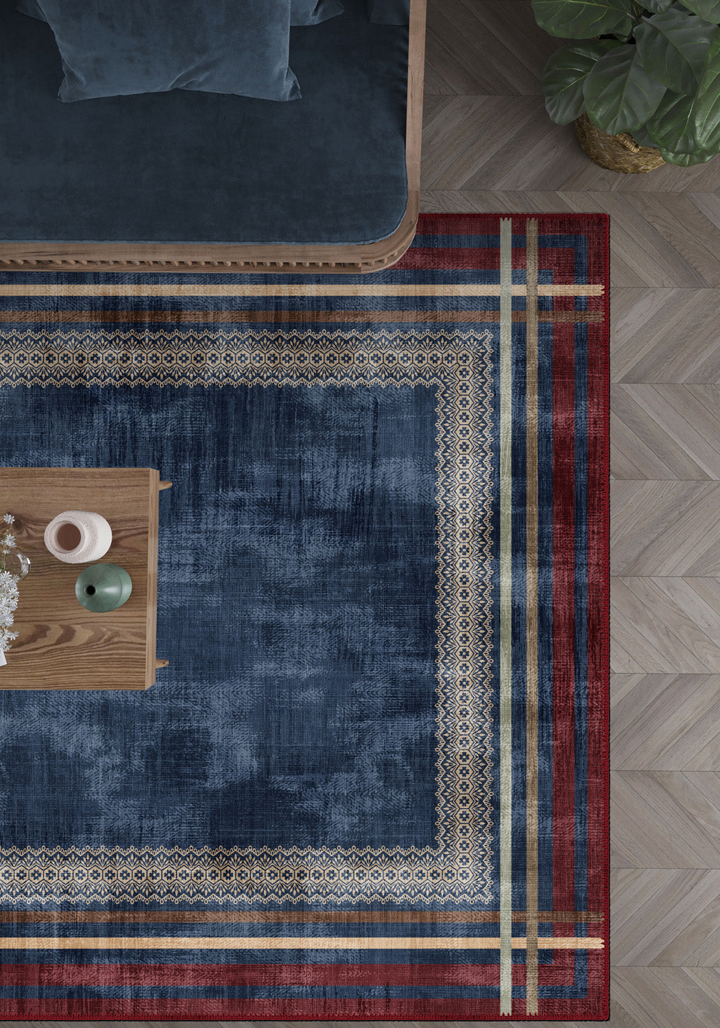 Navy eclectic rug for living room.