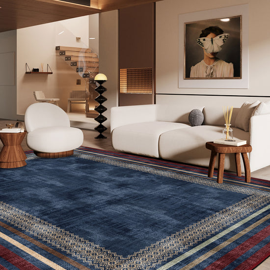 Modern navy rug for living room.