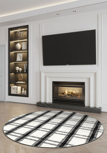 Black and white round rug for living room.