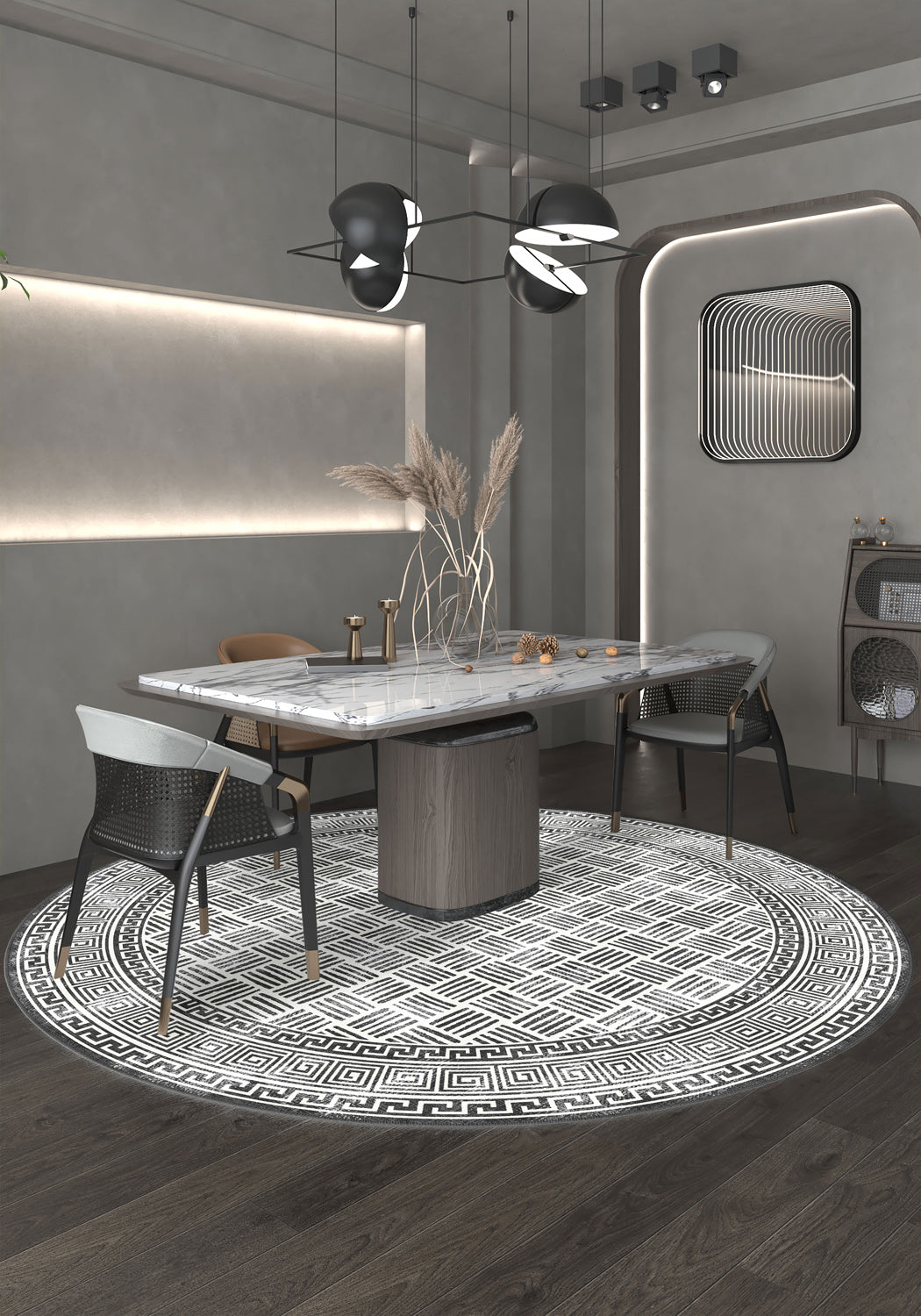 Black and white round rug for dining room.