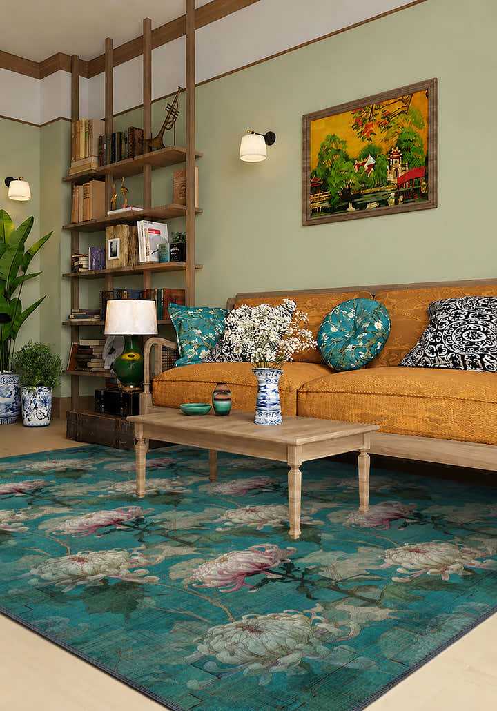 Chryselle Teal Chrysanthemum Rug