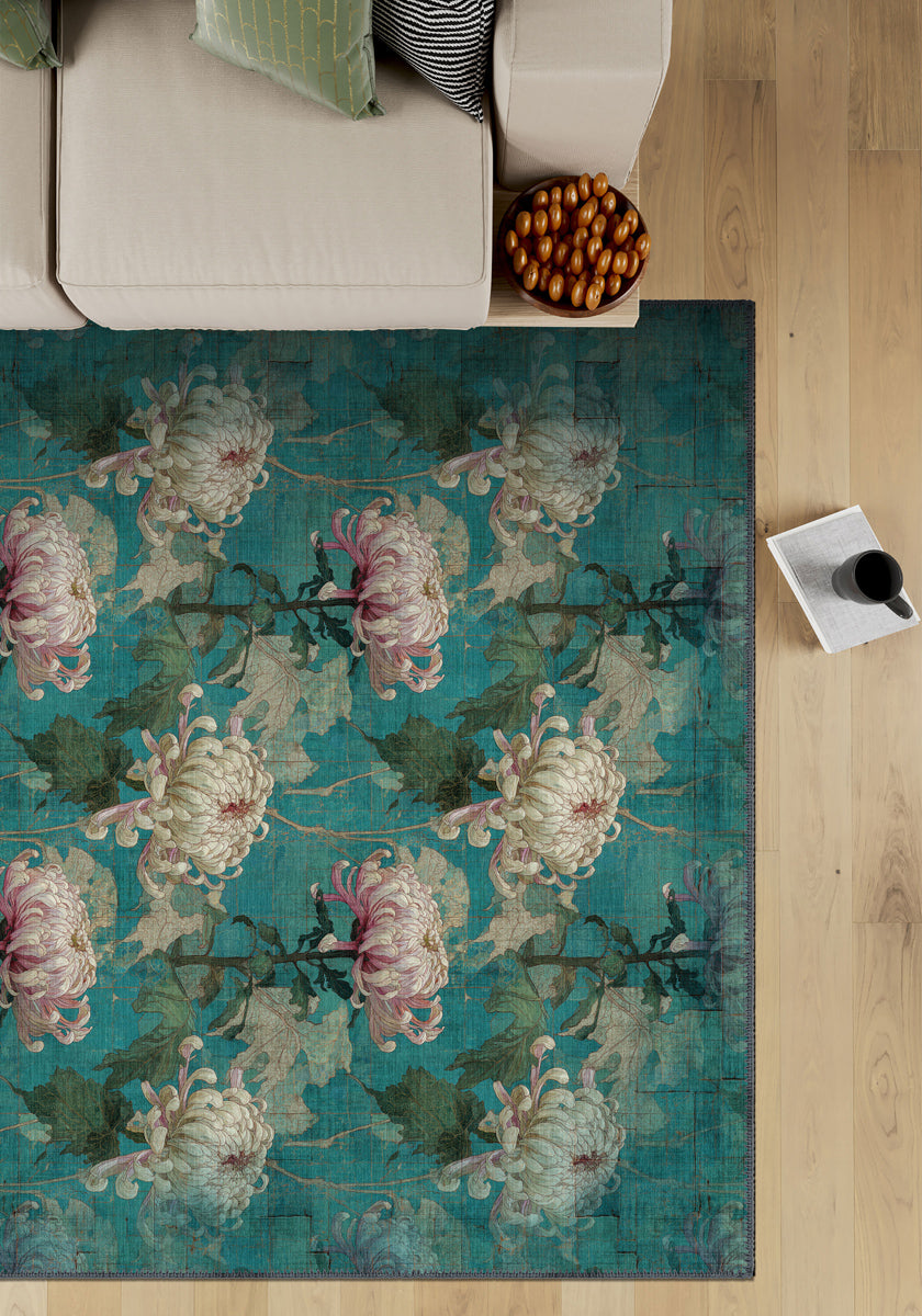 Chryselle Teal Chrysanthemum Rug