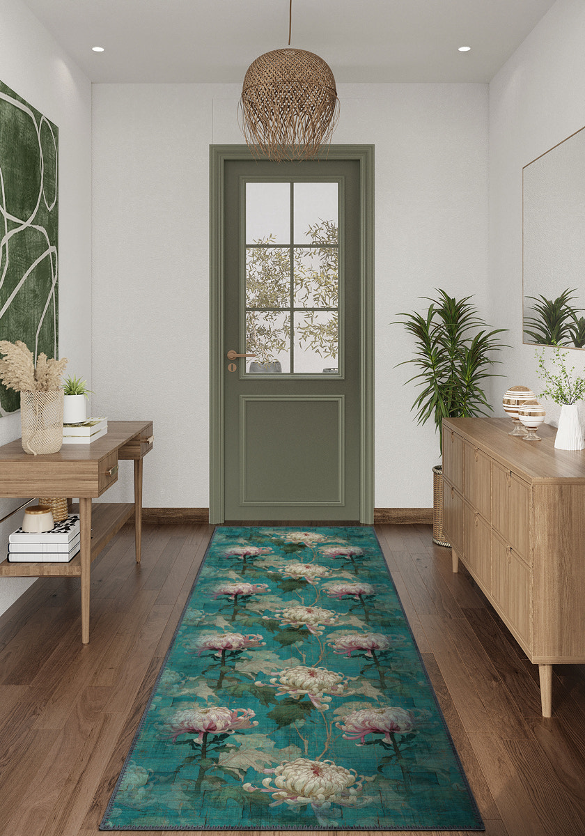 Chryselle Teal Chrysanthemum Rug