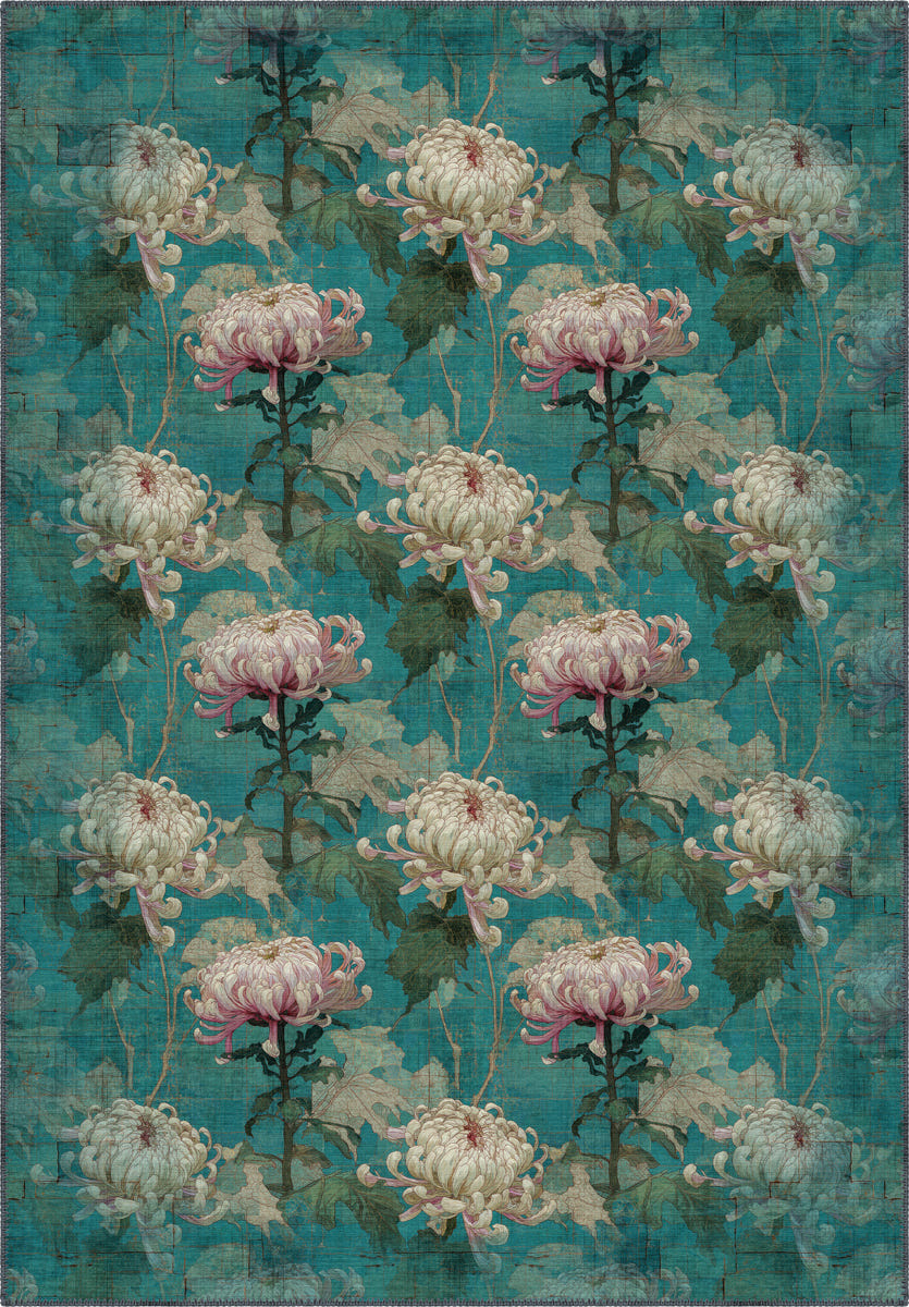 Chryselle Teal Chrysanthemum Rug