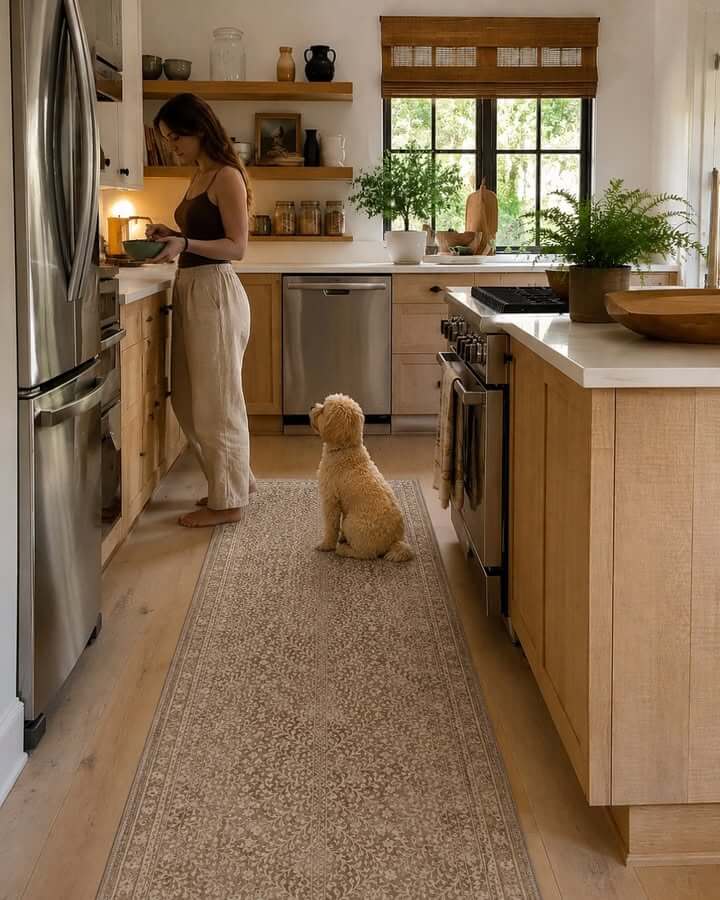A long beige patterned runner rug is shown in a real kitchen environment, with a woman standing at the counter and a small dog sitting on the floor in front of it.